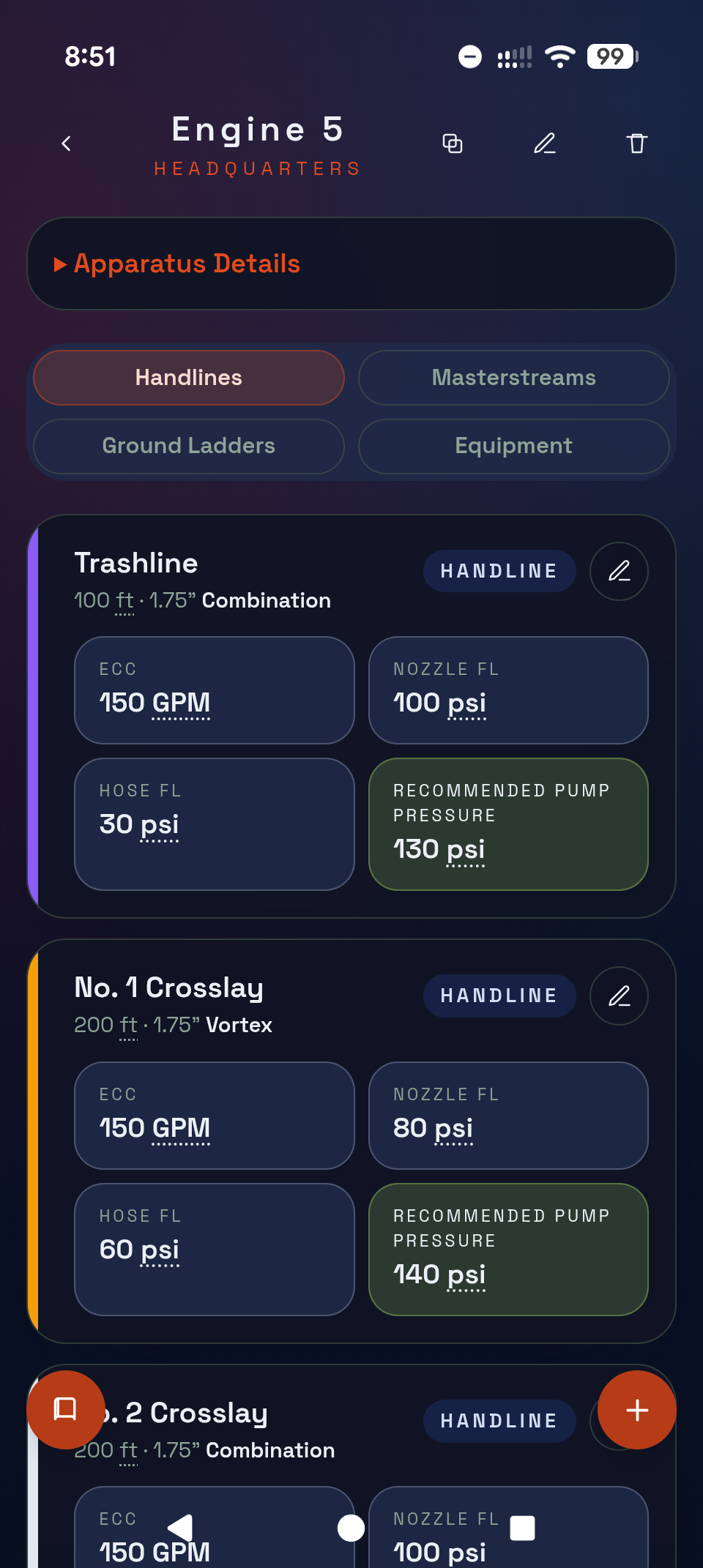 Pre-configure handlines, flows, and recommended pump pressures.