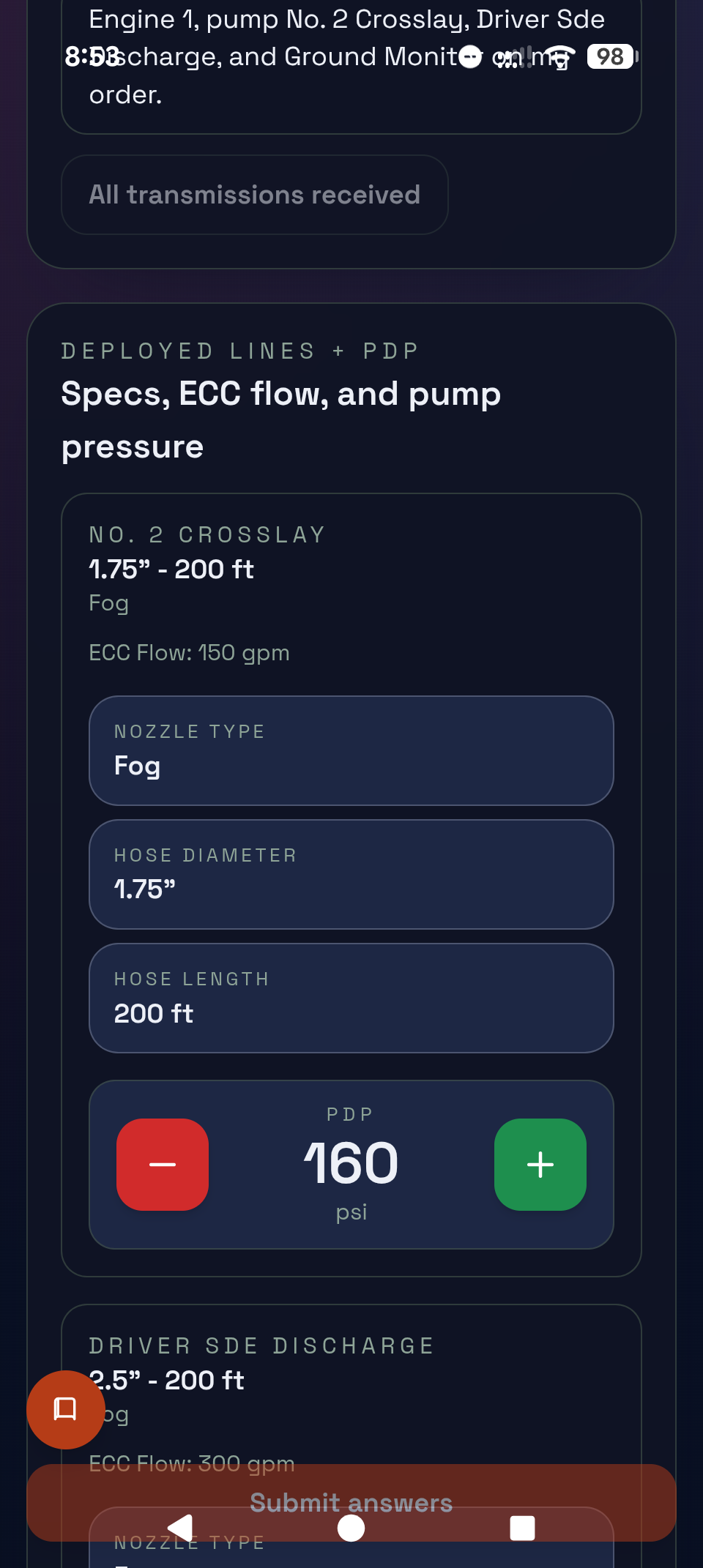Calculate pump discharge pressure quickly for deployed lines.